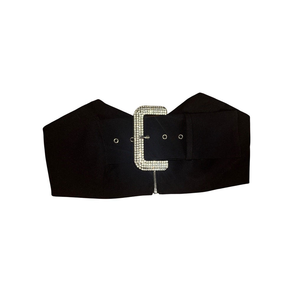 Sexy Y2K Baddie Black Rhinestone Buckle Top Cropped‎ Small Rave Glam Punk Goth